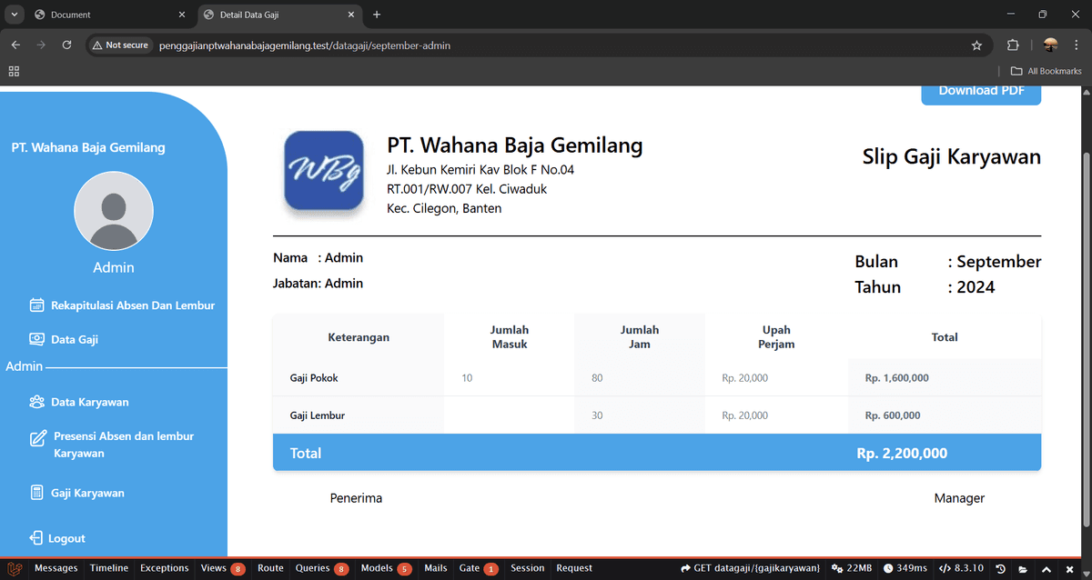 Website Penggajian PT Wahana Baja Gemilang